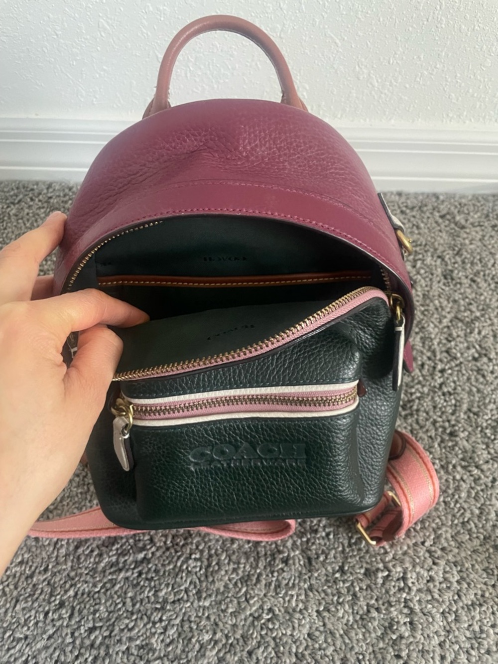 Coach Mini Backpack in Dark Green, Berry and Pink Strap - Picture 6 of 8